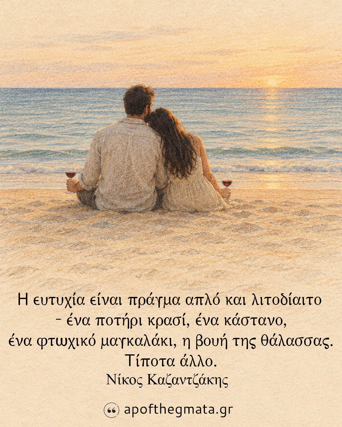"Η ευτυχία είναι πράγμα απλό και λιτοδίαιτο - ένα ποτήρι κρασί, ένα κάστανο, ένα φτωχικό μαγκαλάκι, η βουή της θάλασσας. Τίποτα άλλο." - Νίκος Καζαντζάκης