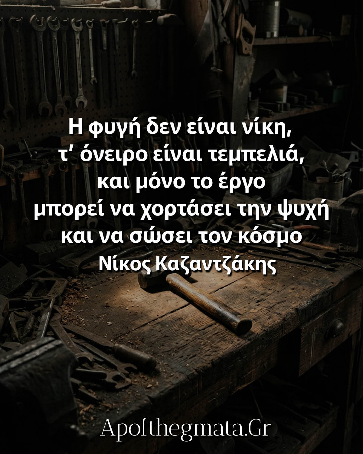 "Η φυγή δεν είναι νίκη, τ’ όνειρο είναι τεμπελιά, και μόνο το έργο μπορεί να χορτάσει την ψυχή και να σώσει τον κόσμο." - Νίκος Καζαντζάκης