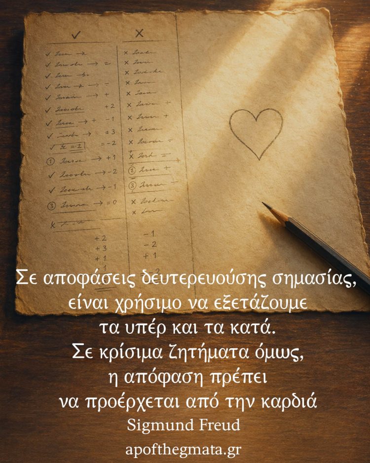 Σε αποφάσεις δευτερευούσης σημασίας, είναι χρήσιμο να εξετάζουμε τα υπέρ και τα κατά. Σε κρίσιμα ζητήματα όμως, η απόφαση πρέπει να προέρχεται από την καρδιά - Sigmund Freud