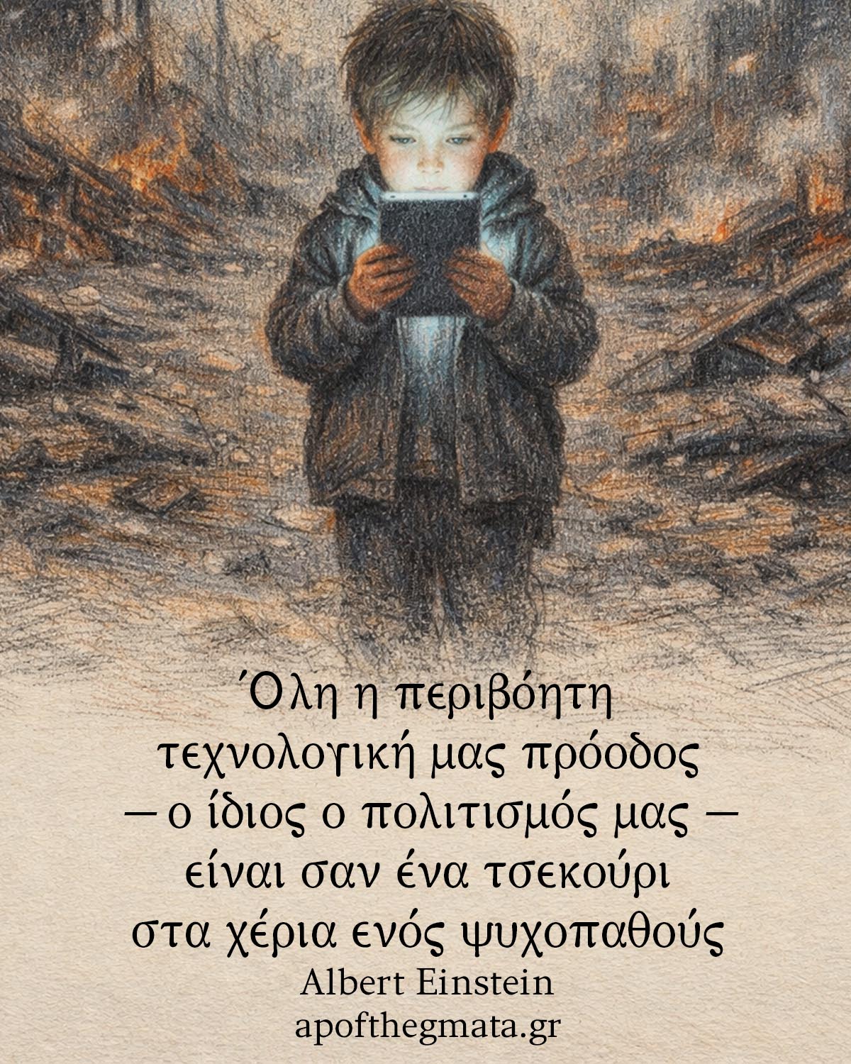 "Όλη η περιβόητη τεχνολογική μας πρόοδος - ο ίδιος ο πολιτισμός μας - είναι σαν ένα τσεκούρι στα χέρια ενός ψυχοπαθούς." - Albert Einstein