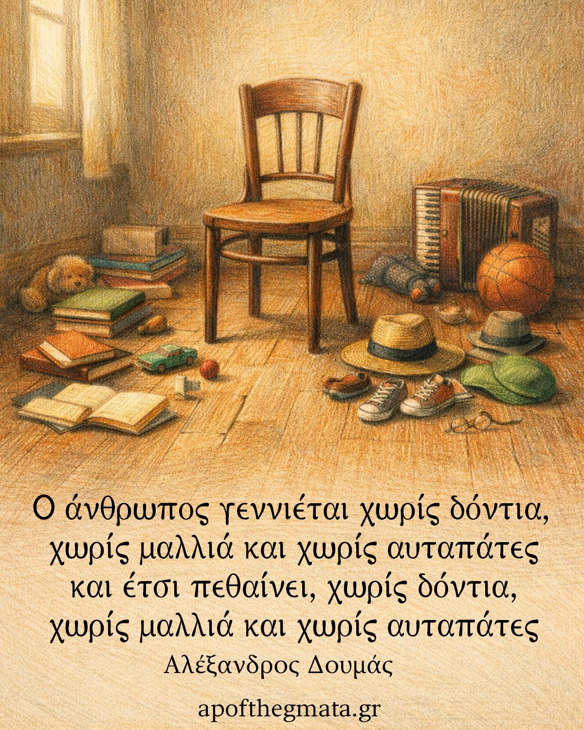 "Ο άνθρωπος γεννιέται χωρίς δόντια, χωρίς μαλλιά και χωρίς αυταπάτες και έτσι πεθαίνει, χωρίς δόντια, χωρίς μαλλιά και χωρίς αυταπάτες." - Αλέξανδρος Δουμάς