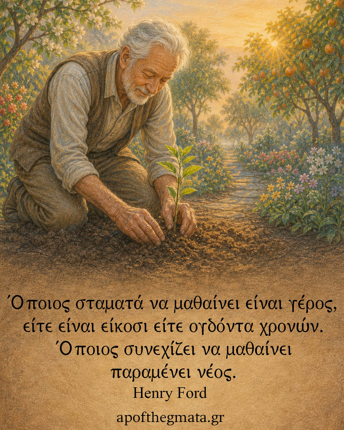 "Όποιος σταματά να μαθαίνει είναι γέρος, είτε είναι είκοσι είτε ογδόντα χρονών. Όποιος συνεχίζει να μαθαίνει παραμένει νέος." - Henry Ford