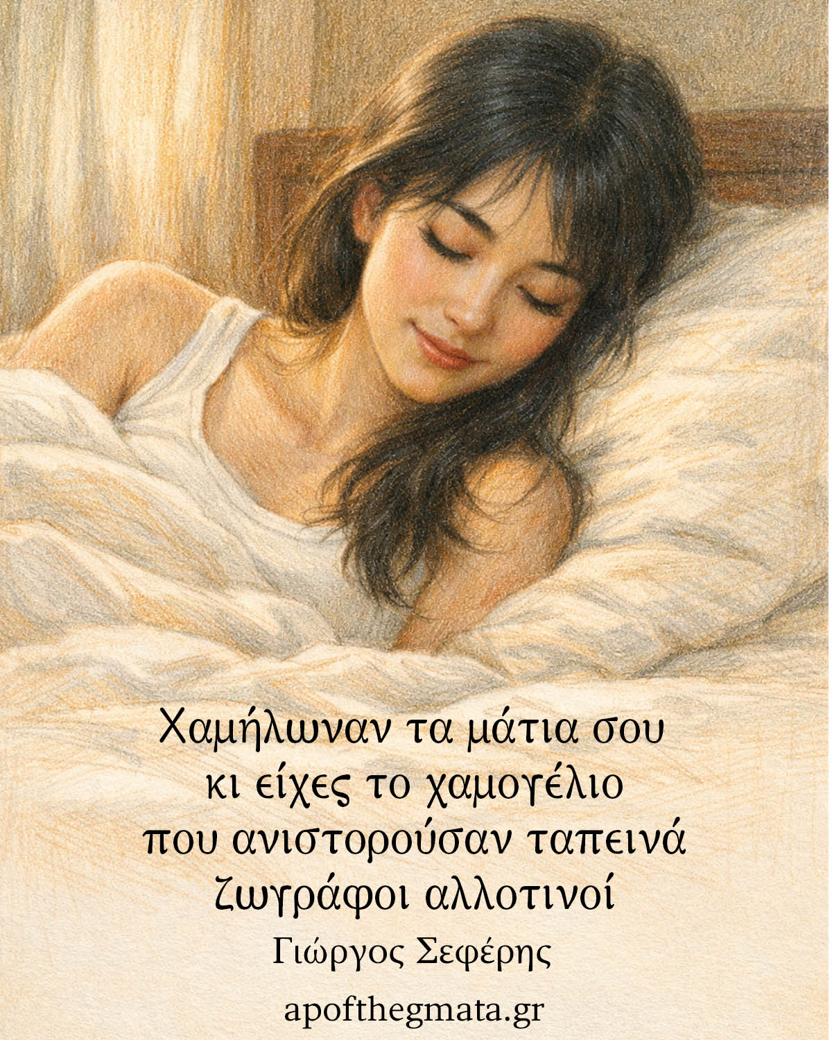 Χαμήλωναν τα μάτια σου κι είχες το χαμογέλιο που ανιστορούσαν ταπεινά ζωγράφοι αλλοτινοί