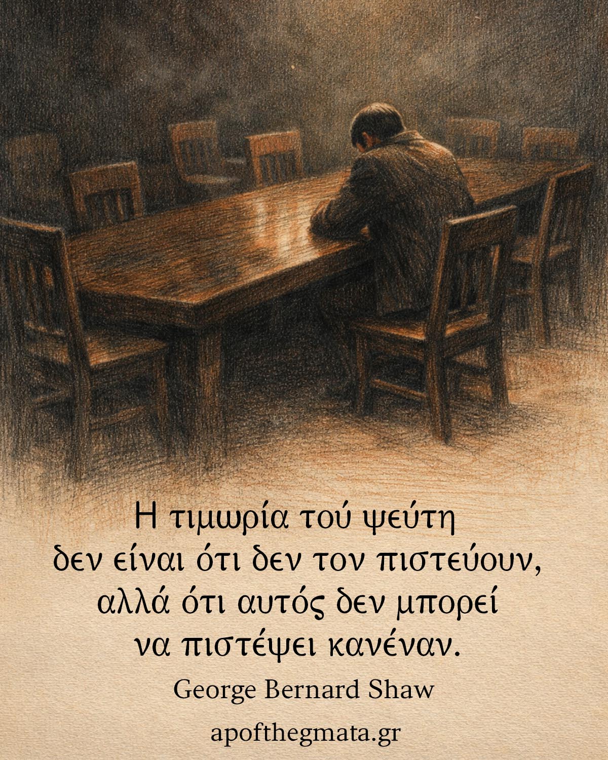 Η τιμωρία τού ψεύτη δεν είναι ότι δεν τον πιστεύουν, αλλά ότι αυτός δεν μπορεί να πιστέψει κανέναν - George Bernard Shaw