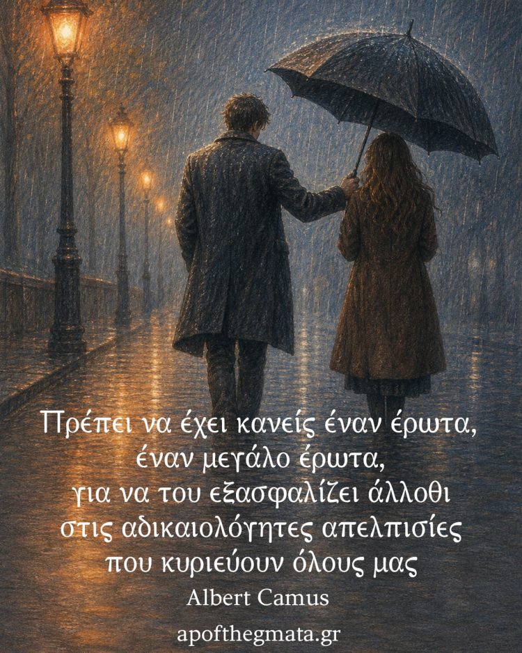 Πρέπει να έχει κανείς έναν έρωτα, έναν μεγάλο έρωτα, για να του εξασφαλίζει άλλοθι στις αδικαιολόγητες απελπισίες που κυριεύουν όλους μας - Albert Camus