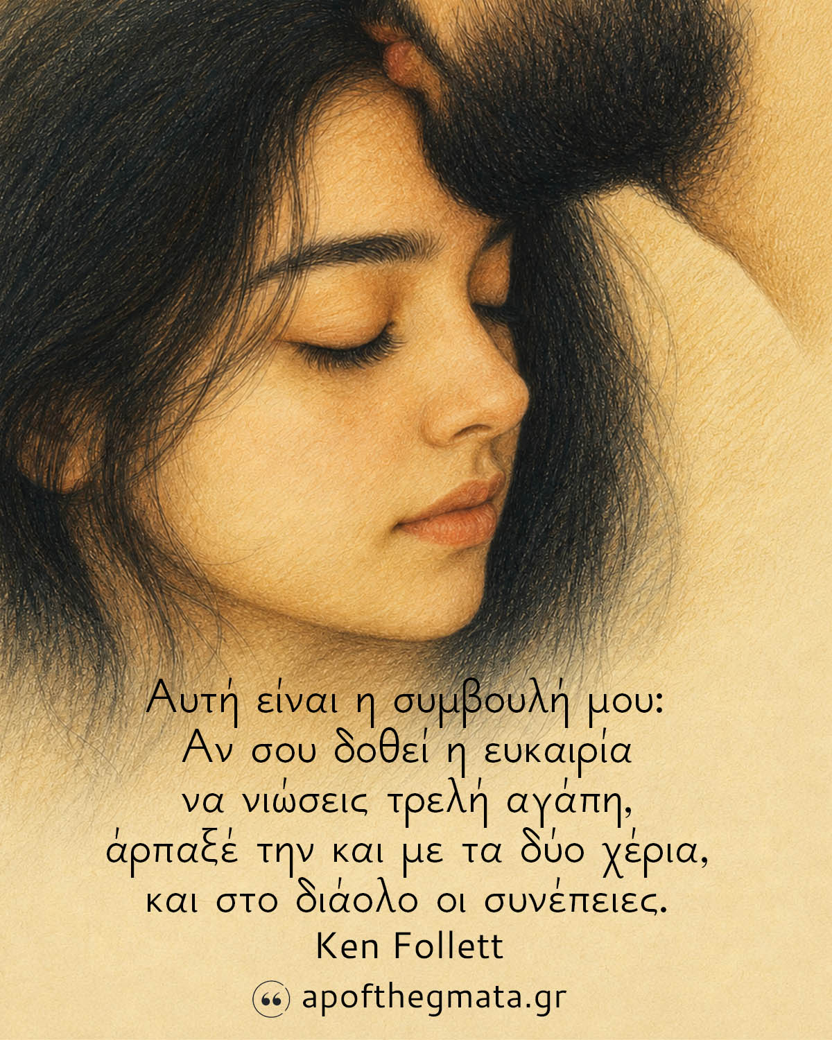 Αυτή είναι η συμβουλή μου: Αν σου δοθεί η ευκαιρία να νιώσεις τρελή αγάπη, άρπαξέ την και με τα δύο χέρια, και στο διάολο οι συνέπειες. - Ken Follett