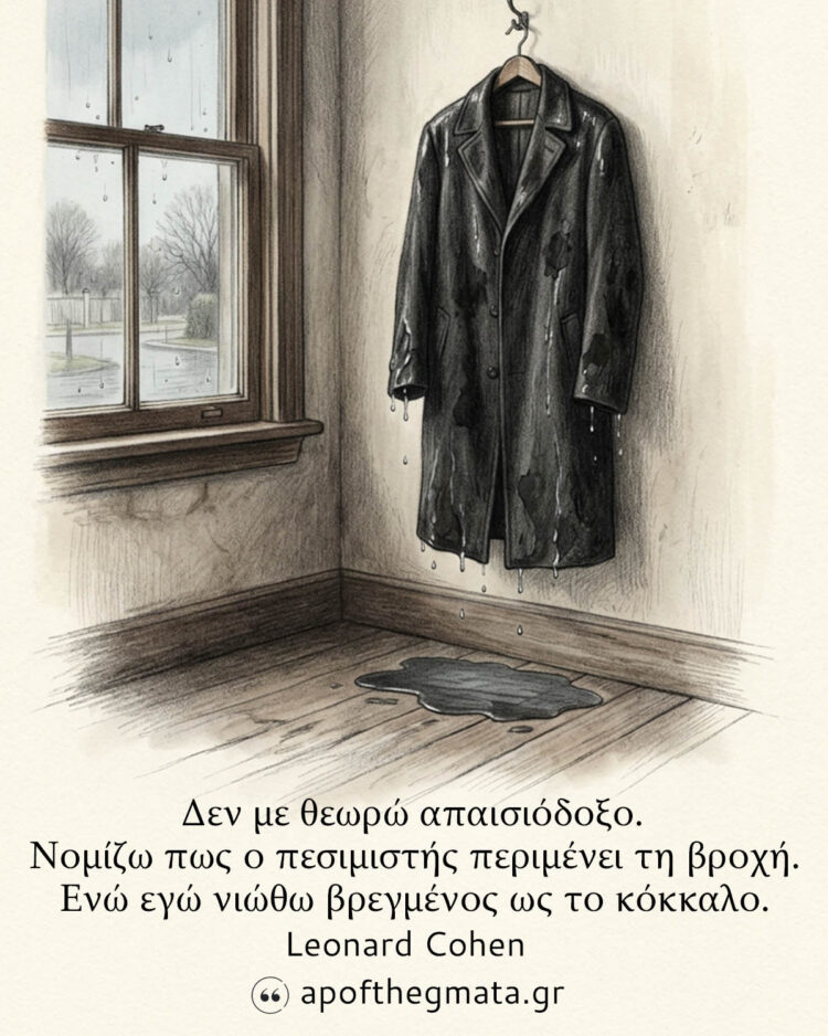 Δεν με θεωρώ απαισιόδοξο. Νομίζω πως ο πεσιμιστής περιμένει τη βροχή. Ενώ εγώ νοιώθω βρεγμένος ως το κόκκαλο.