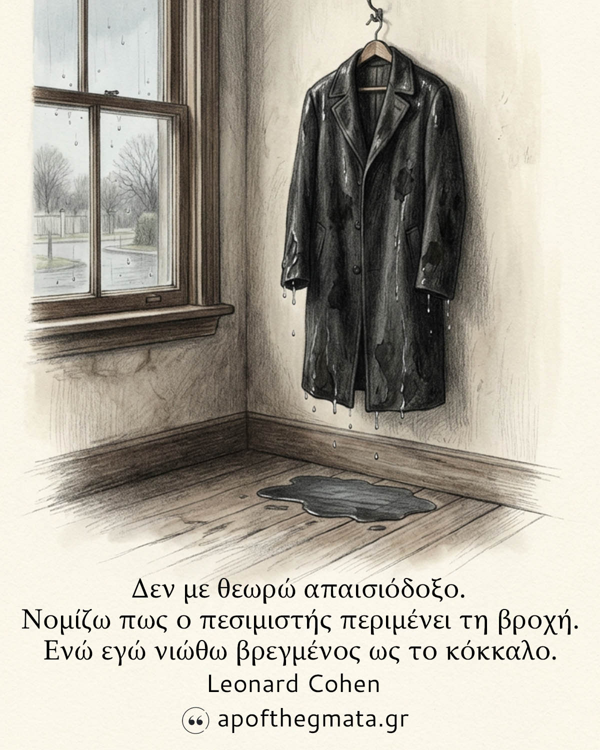 Δεν με θεωρώ απαισιόδοξο. Νομίζω πως ο πεσιμιστής περιμένει τη βροχή. Ενώ εγώ νοιώθω βρεγμένος ως το κόκκαλο.