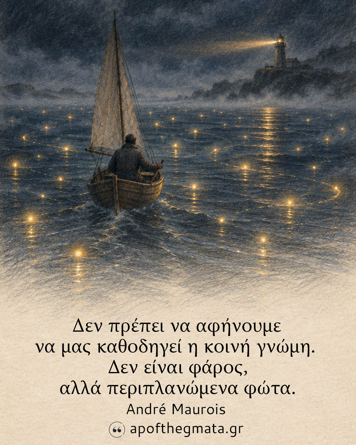 Δεν πρέπει να αφήνουμε να μας καθοδηγεί η κοινή γνώμη. Δεν είναι φάρος, αλλά περιπλανώμενα φώτα. - André Maurois