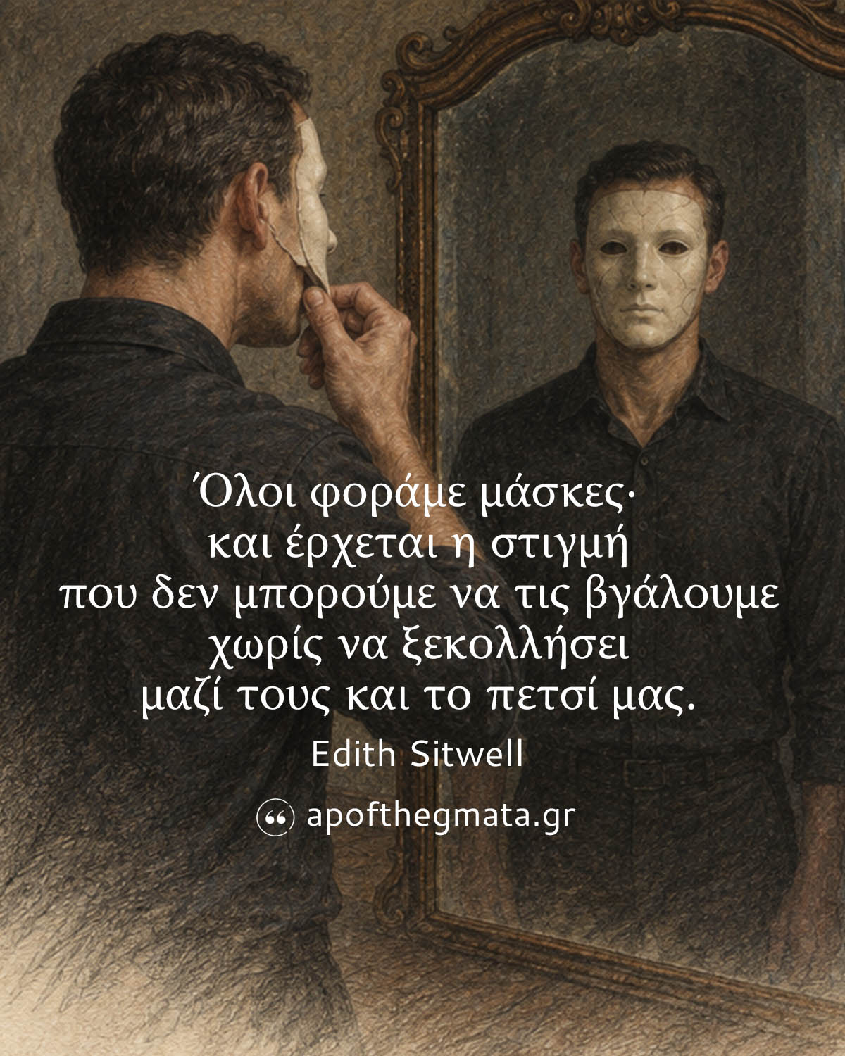 Όλοι φοράμε μάσκες· και έρχεται η στιγμή που δεν μπορούμε να τις βγάλουμε χωρίς να ξεκολλήσει μαζί τους και το πετσί μας. - Edith Sitwell