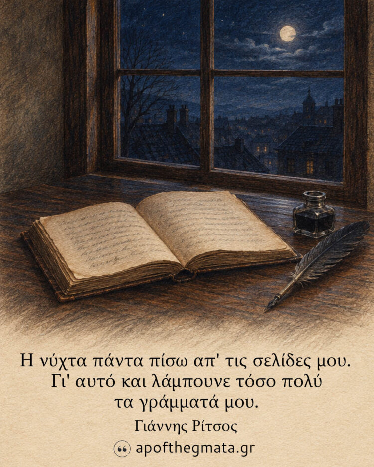 Η νύχτα πάντα πίσω απ’ τις σελίδες μου. Γι’ αυτό και λάμπουνε τόσο πολύ τα γράμματά μου. - Γιάννης Ρίτσος
